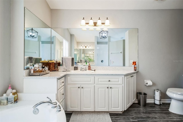 bathroom featuring a bathing tub, hardwood / wood-style floors, vanity, and toilet