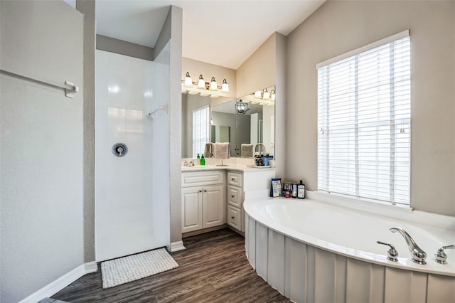 bathroom featuring vanity, separate shower and tub, and wood-type flooring