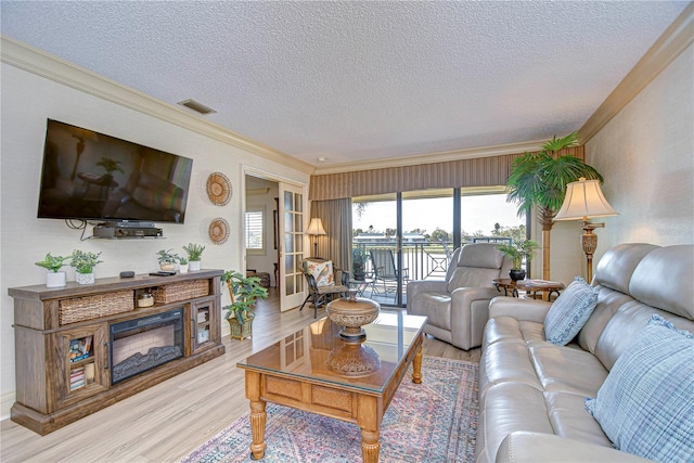 living room featuring ornamental molding, a textured ceiling, and light wood-type flooring