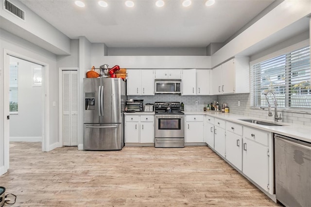 kitchen featuring sink, stainless steel appliances, white cabinets, decorative backsplash, and light wood-type flooring