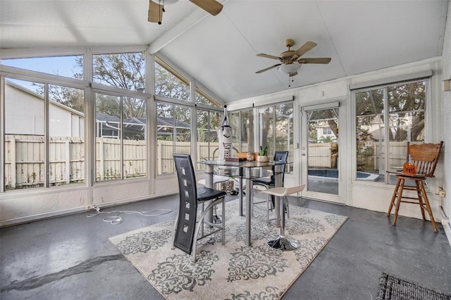 sunroom featuring vaulted ceiling with beams and ceiling fan