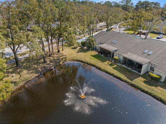 drone / aerial view featuring a water view