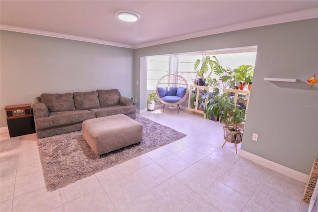 tiled living room featuring crown molding