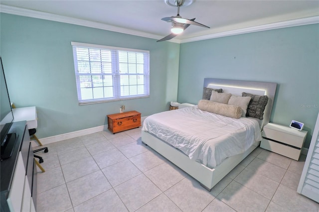 bedroom with ceiling fan, ornamental molding, and light tile patterned floors