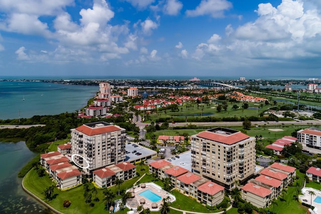 drone / aerial view featuring a water view