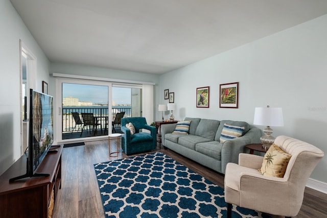 living room with dark hardwood / wood-style flooring