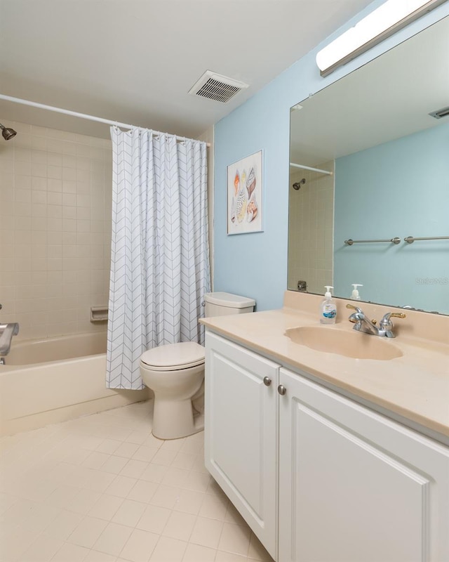 full bathroom featuring vanity, shower / bath combo, and toilet