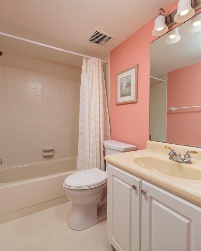 full bathroom with vanity, tile patterned floors, shower / bath combination with curtain, and toilet