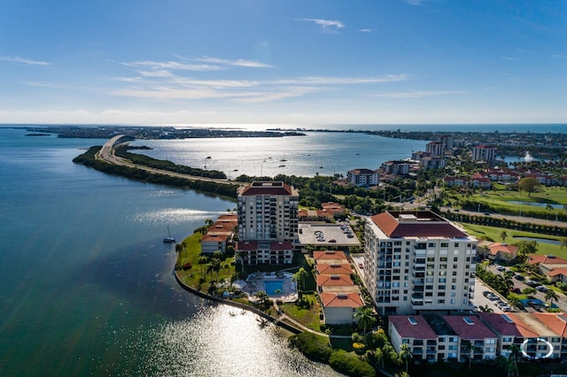 bird's eye view with a water view