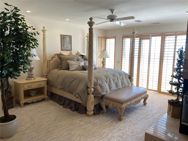 carpeted bedroom with access to outside and ceiling fan