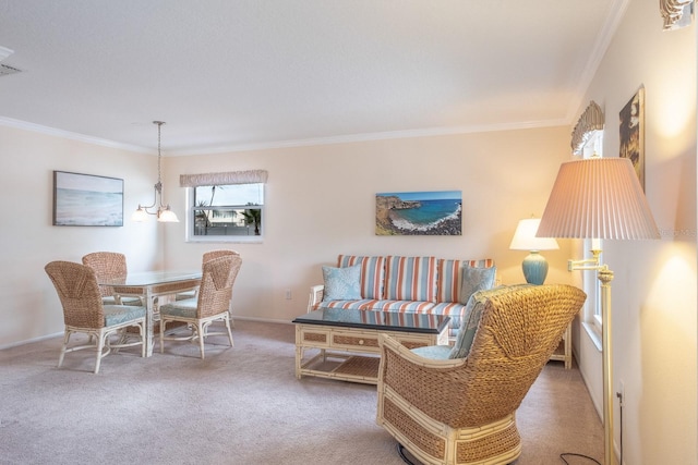 carpeted living room featuring crown molding