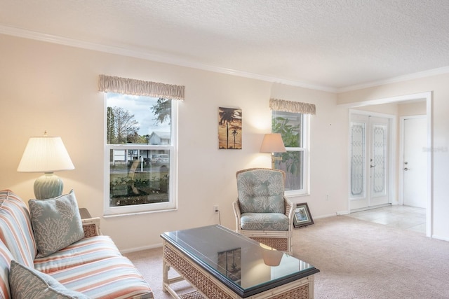 living room with ornamental molding, light carpet, and a textured ceiling