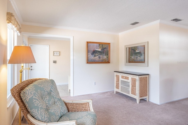 sitting room with light carpet, crown molding, and a textured ceiling