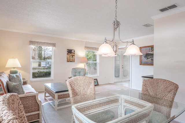 carpeted dining space featuring ornamental molding, a healthy amount of sunlight, and a textured ceiling