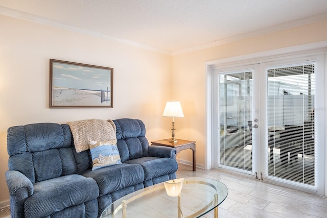 living room with french doors and ornamental molding