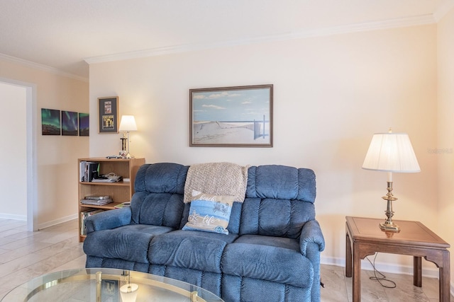 living room with ornamental molding