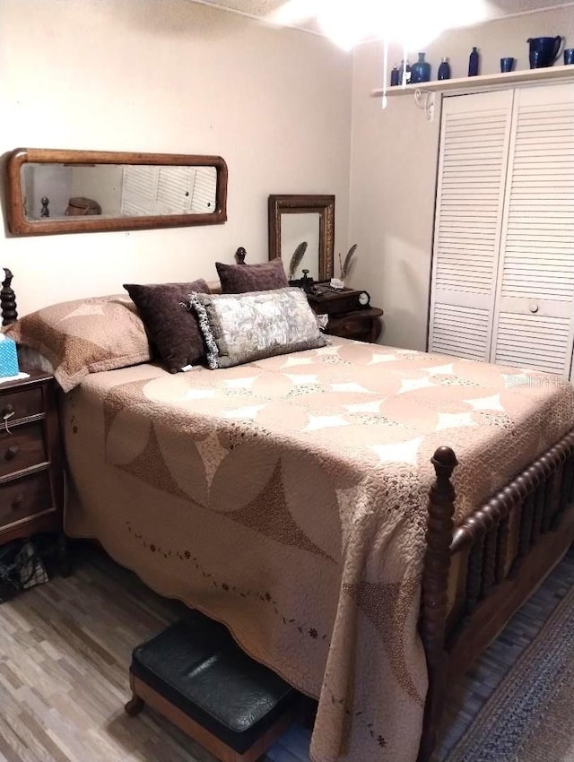 bedroom with hardwood / wood-style flooring and a closet