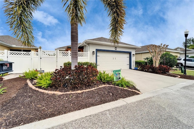 view of front facade with a garage, concrete driveway, fence, and stucco siding