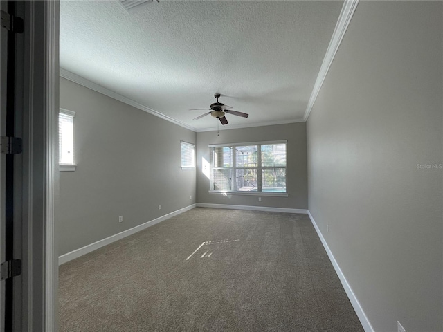 unfurnished room with crown molding, a healthy amount of sunlight, and a textured ceiling