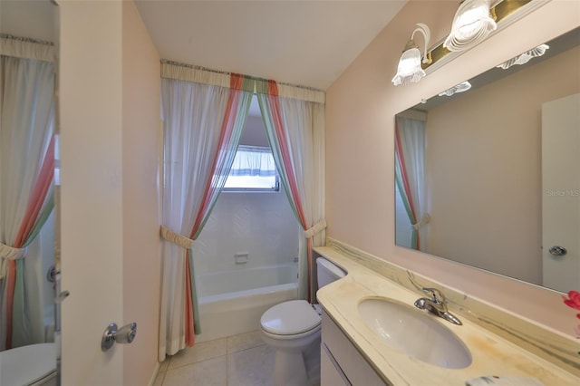 full bathroom featuring vanity, bathing tub / shower combination, tile patterned floors, and toilet