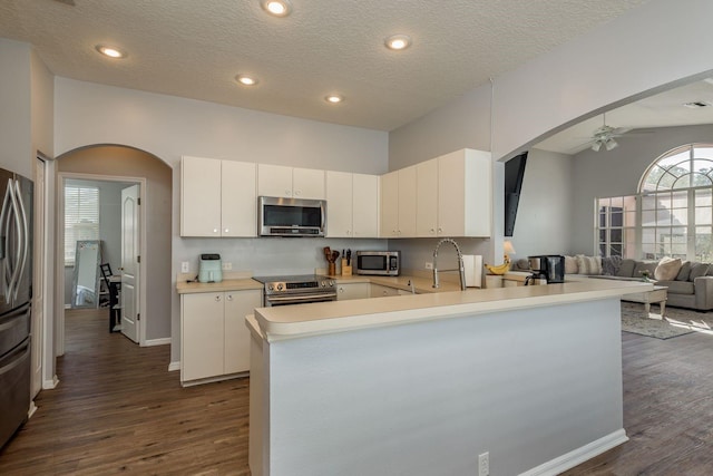 kitchen with appliances with stainless steel finishes, light countertops, and a peninsula