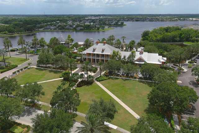 bird's eye view with a water view