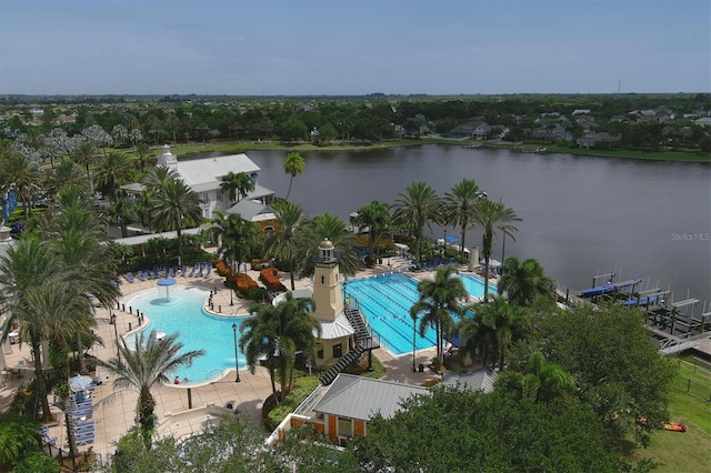 drone / aerial view with a water view