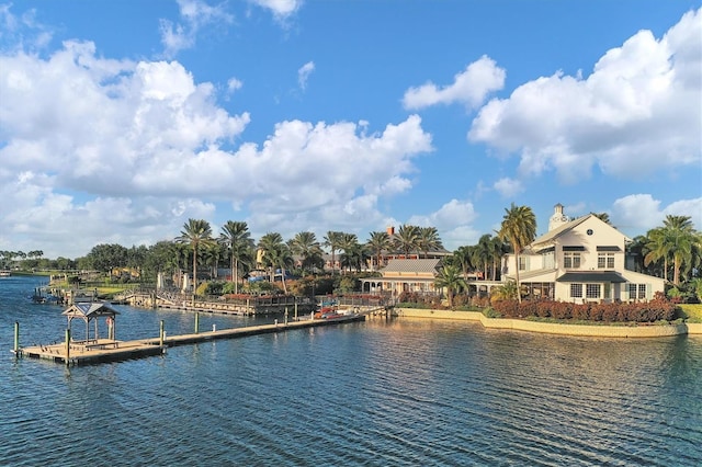 view of water feature with a dock