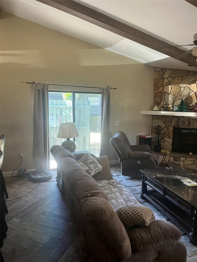 living room featuring parquet flooring, a fireplace, and lofted ceiling with beams