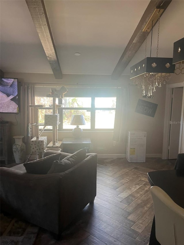 living room with beam ceiling