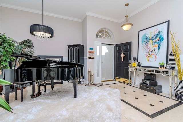 tiled foyer entrance featuring ornamental molding