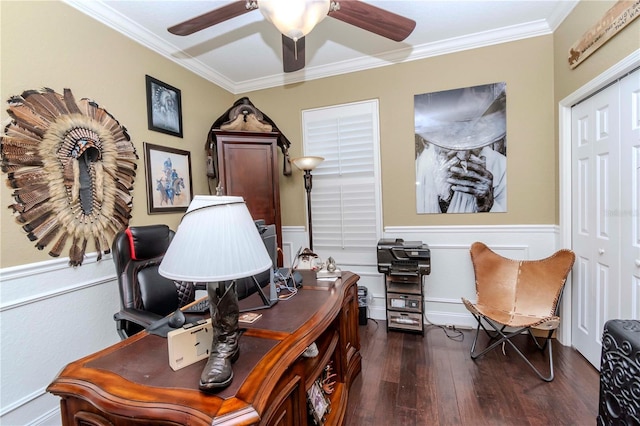 office area featuring ornamental molding, dark hardwood / wood-style floors, and ceiling fan