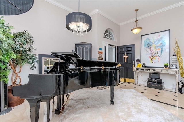 misc room with light tile patterned floors, ornamental molding, and a chandelier