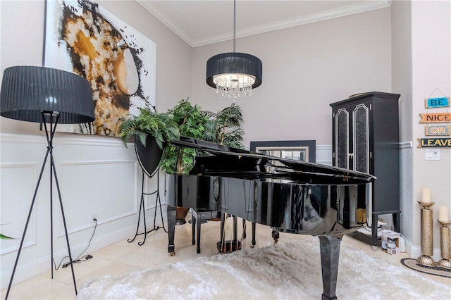 misc room featuring ornamental molding, light tile patterned floors, and an inviting chandelier