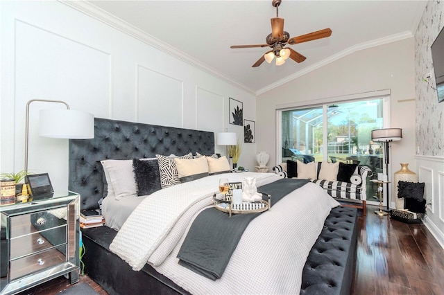 bedroom featuring vaulted ceiling, ornamental molding, and dark hardwood / wood-style floors