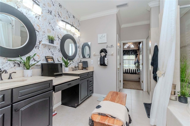 bathroom with tile patterned flooring, crown molding, and vanity