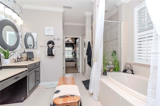 bathroom featuring ornamental molding, separate shower and tub, tile patterned flooring, and vanity