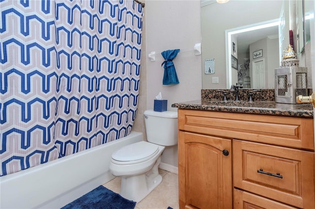 full bathroom featuring shower / tub combo, vanity, toilet, and tile patterned flooring