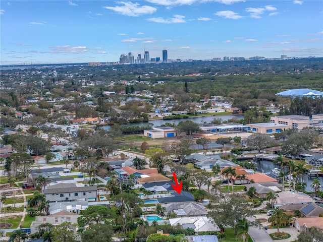 drone / aerial view featuring a water view