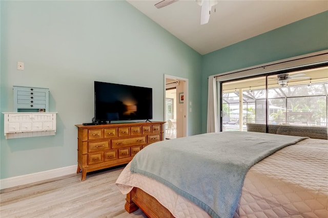 bedroom featuring ceiling fan, lofted ceiling, access to outside, and light wood-type flooring