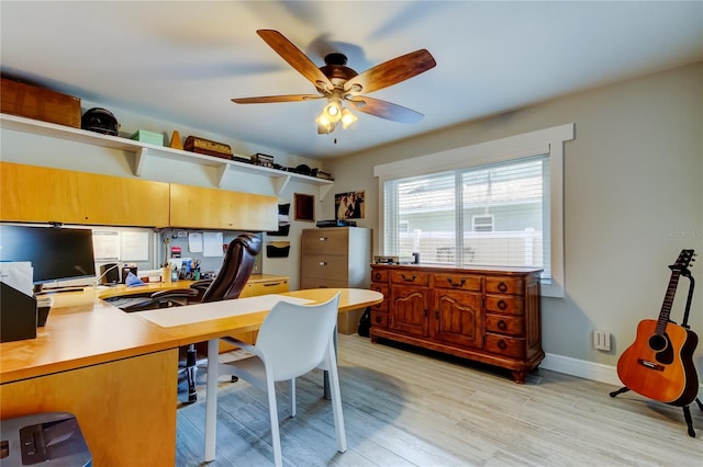 office area with ceiling fan and light hardwood / wood-style floors