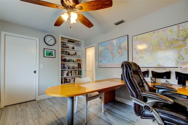 office space featuring ceiling fan and light wood-type flooring