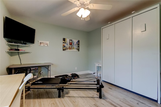 exercise area featuring ceiling fan and light wood-type flooring