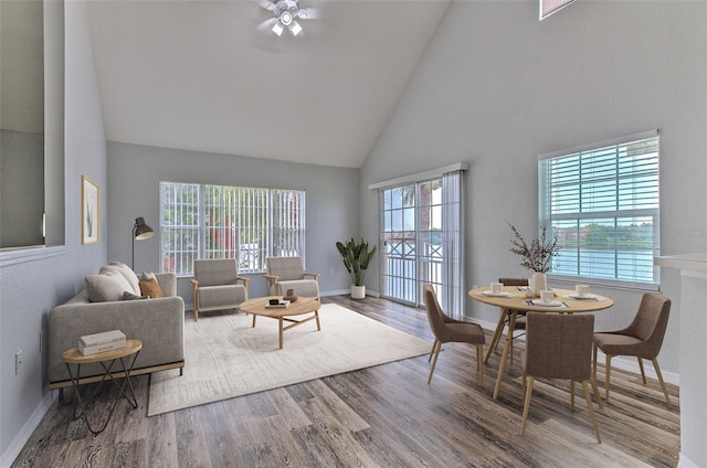 living room with a wealth of natural light, high vaulted ceiling, and wood-type flooring