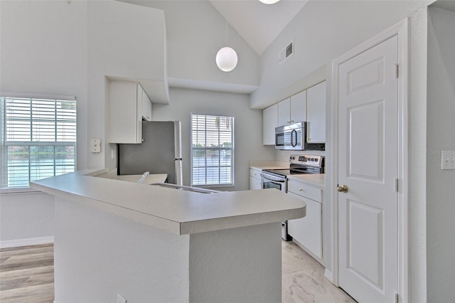 kitchen featuring sink, white cabinetry, high vaulted ceiling, kitchen peninsula, and stainless steel appliances