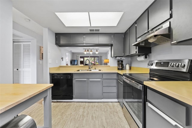 kitchen featuring sink, light wood-type flooring, gray cabinets, dishwasher, and stainless steel electric stove