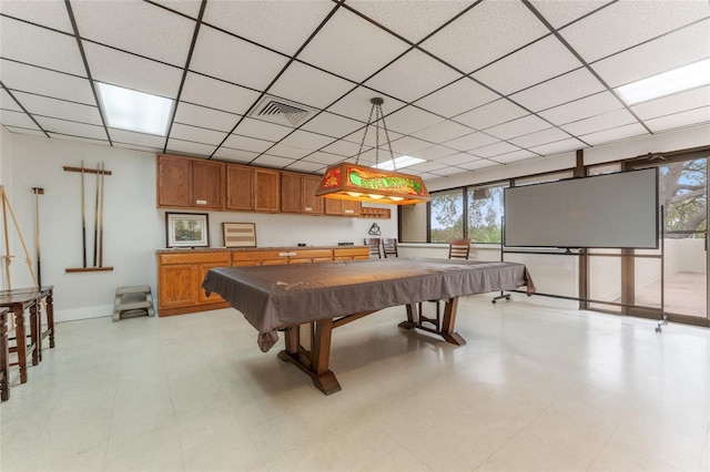 recreation room with plenty of natural light, billiards, and a paneled ceiling