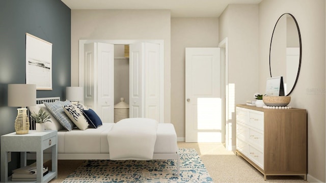 bedroom featuring light colored carpet and a closet