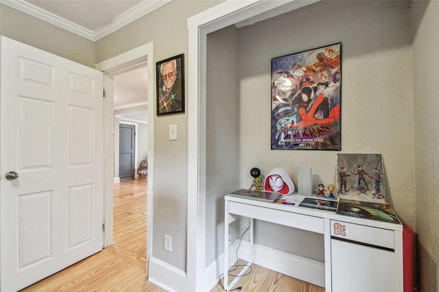 corridor featuring crown molding and light wood-type flooring