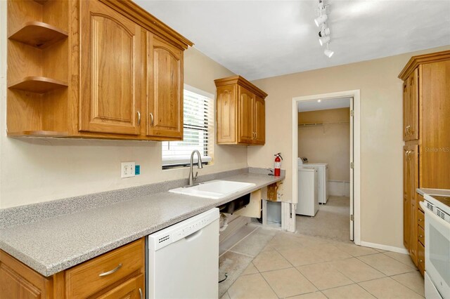 540 Florida Cir S, Apollo Beach, FL 33572 - kitchen with light countertops, a sink, open shelves, and white appliances